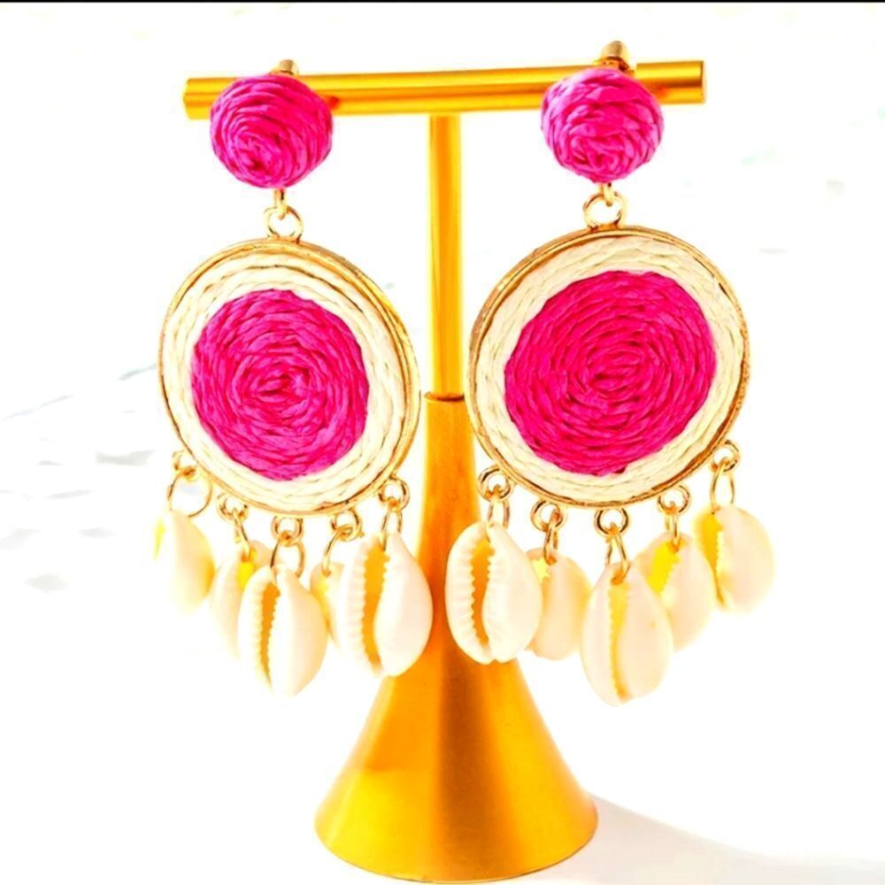Rattan shell drop earrings raffia Boho Vacation  | NWOT
